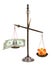 Pharmacist scales with money and piggybank