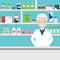 Pharmacist vector illustration. Pharmacist on background of shelves with medications.