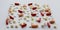 Pharmacology assorted medicine pills, tablets and capsules. Different colors tablet on white background. Top view with