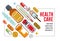Pharmacy apothecary drugstore flyer, big composition set of medicaments vector flat illustration isolated, advertising banner