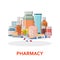 Pharmacy background. Different medical pills, plaster, thermometer, syringe and bottles