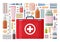 Pharmacy background. Medical first aid kit with different pills, plaster, bottles and thermometer, syringe