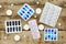 Pharmacy background. Pills on a wooden table. Medicine.