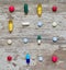 Pharmacy background. Pills on a wooden table. Medicine.