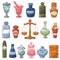 Pharmacy bottles vector vintage medical drug glass chemical liquid medicine and scales illustration pharmaceutical