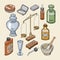 Pharmacy bottles vector vintage medical glass old drug container with chemical liquid medicine and scales illustration