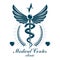 Pharmacy Caduceus icon, medical logo created with heart shape and electrocardiogram chart symbol. Cardiology diagnosis clinic