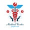 Pharmacy Caduceus icon, medical logo created with heart shape and electrocardiogram chart symbol. Cardiology diagnosis clinic