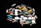 Pharmacy. Capsules and tablets dark background. Pharmacy products. Dosage forms. Medical products