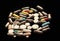 Pharmacy. Capsules and tablets dark background. Pharmacy products. Dosage forms. Medical products