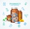 Pharmacy Concept with Pills Capsules in Medical Glass Bottle. Vector