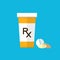 Pharmacy design. Pill bottle with capsules and pill. Flat style design. Pharmacy background. Rx symbol for prescription. In