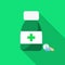 Pharmacy design. Pill bottle with capsules and pill. Pill bottle with green cross. Flat style pharmacy design with pills.