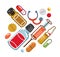 Pharmacy drugs apothecary bottles and pills and ampules, big composition set of medicaments vector flat illustration isolated,