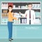 Pharmacy or drugstore with pharmacist and woman holding prescriptions