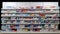 Pharmacy drugstore shelves interior, medical background