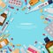 Pharmacy frame with pills, drugs, bottles. Drugstore illustration. Medicine, healthcare banner, poster background