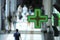 Pharmacy green cross and medicine symbol a vessel with a snake set over entrance of a drugstore, blurred people walking