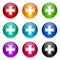 Pharmacy icon set, colorful glossy 3d rendering ball buttons in 9 color options for webdesign and mobile applications