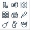 pharmacy line icons. linear set. quality vector line set such as mortar, hand sanitizer, enema, pipette, cream, capsules,