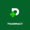 Pharmacy logo. Letter P with pharmacy cross icon, isolated on a dark-green background.