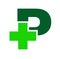 Pharmacy logo. Letter P with pharmacy cross icon vector, isolated on a dark-green background.