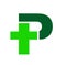 Pharmacy logo. Letter P with pharmacy cross icon vector, isolated on a dark-green background.