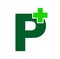 Pharmacy logo. Letter P with pharmacy cross icon vector, isolated on a dark-green background.