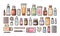 Pharmacy, medication, bottles, pills, capsules set icons. Drugstore, medicine, hospital concept. Vector illustration in