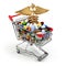 Pharmacy medicine concept. Shopping cart with pills and caduceus