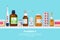 Pharmacy, medicine and healthcare horizontal seamless background. Shelf with pills, drugs, bottles