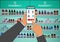 Pharmacy online in the flat style. Hand holding smartphone with medical shopping app.