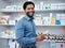 Pharmacy portrait, customer and man shopping for medicine, supplements product or drugs store pharmaceutical. Retail