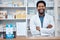 Pharmacy portrait, medicine package and happy man in drugs store, pharmaceutical shop or healthcare dispensary. Hospital