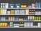 Pharmacy Shelves Background Storage and Sale of Drugs, Tablets Pills Bottles