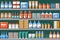 Pharmacy shelves with medical medicines. Cartoon. Vector illustration