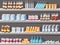 Pharmacy shelves with medicines. Pharmaceuticals, medicine bottles, drugs and pills on shelf cartoon vector illustration