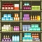 Pharmacy shelves with pills and drugs medicine boxes vector seamless pattern