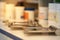 Pharmacy table with trays in selective focus on blur medicine jars background