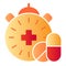 Pharmacy time flat icon. Medication time color icons in trendy flat style. Pills and clock gradient style design