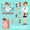 Pharmacy vector elements with female pharmacist and drugs. Pharmacy icons set