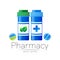 Pharmacy vector symbol with 2 blue pill bottle and tablet for pharmacist, pharma store, doctor and medicine. Modern