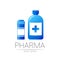 Pharmacy vector symbol with 2 blue pill bottles and cross for pharmacist, pharma store, doctor and medicine. Modern