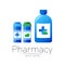 Pharmacy vector symbol with 3 blue pill bottles and cross, leaf capsule tablet for pharmacist, pharma , doctor and