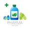 Pharmacy vector symbol with blue bottle and cross, green leaf and drop, pill capsule tablet for pharmacist, pharma store