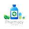 Pharmacy vector symbol of blue bottle with cross and pill tablet capsule and leaf for pharmacist, pharma store, doctor