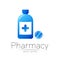 Pharmacy vector symbol of blue bottle with cross and pill tablet for pharmacist, pharma store, doctor and medicine