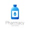 Pharmacy vector symbol with blue bottle and drop for pharmacist, pharma store, doctor and medicine. Modern design vector