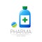 Pharmacy vector symbol of blue bottle with green cross and pill tablet for pharmacist, pharma store, doctor and medicine