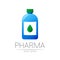 Pharmacy vector symbol with blue bottle and green drop for pharmacist, pharma store, doctor and medicine. Modern design